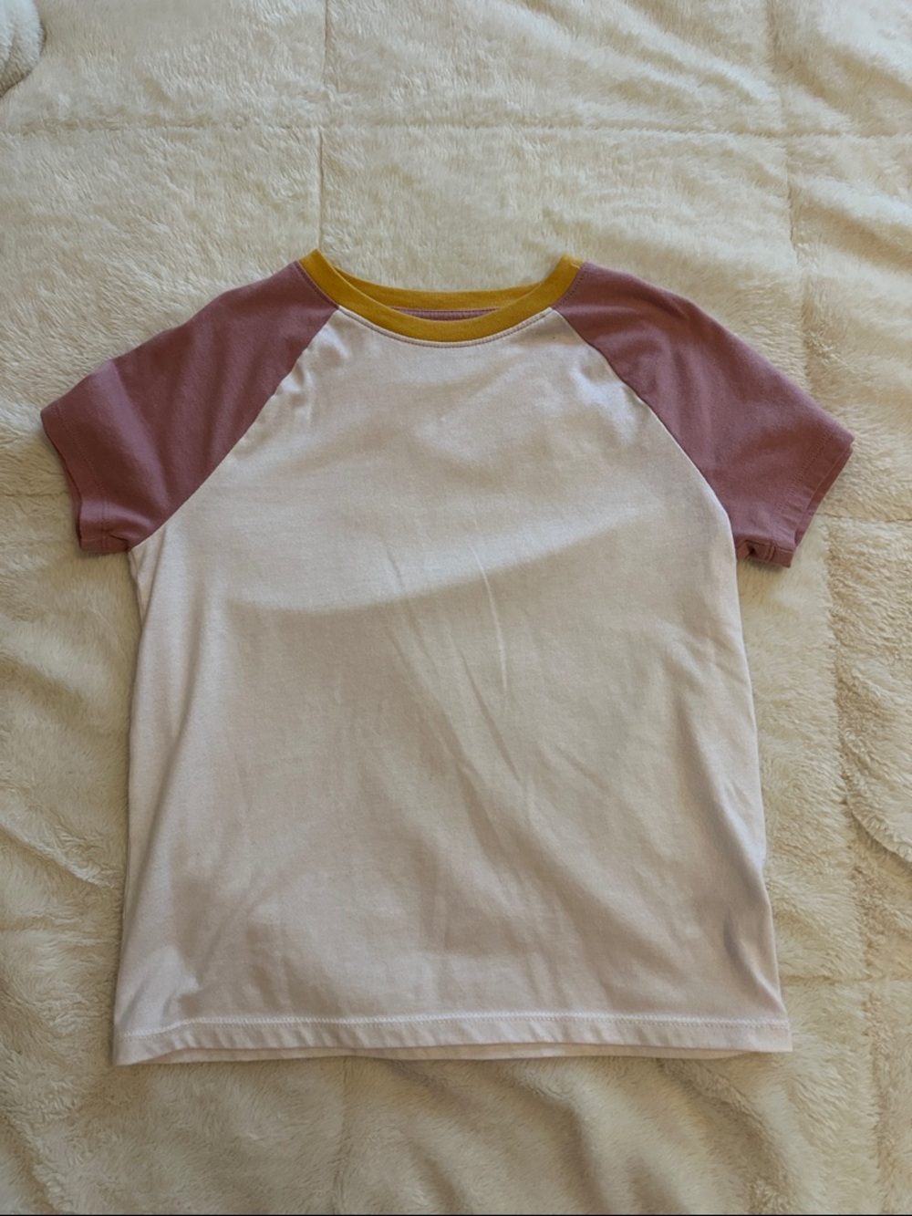 Kids White Tee with Pink Raglan Sleeves and Mustard Neck - Stylish Everyday Top